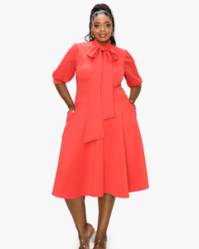 Front of a model wearing a size 1X Casey Scuba Flare Dress in Coral Red by L I V D. | dia_product_style_image_id:241227